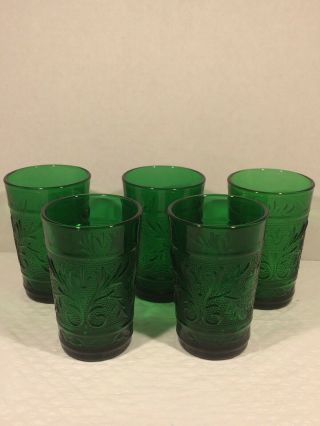 5 Vintage Emerald Green Cut Pressed Glass Floral Dots Juice Glasses
