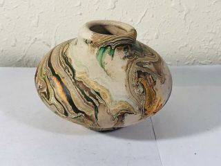 Nemadji Pottery USA Small Squat Vase Unglazed Very Colorful Vintage 3