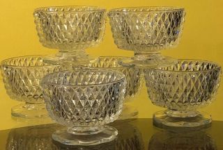 Vintage Set Of 6 Indiana Glass Diamond Point Prism Footed Dessert Sherbet Bowls