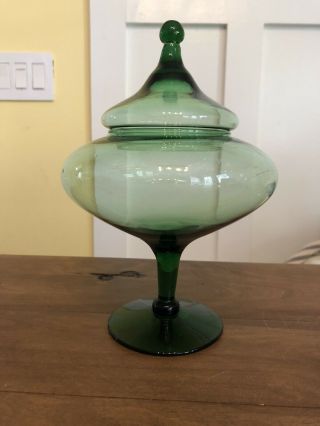 Empoli Mid Century Modern Green Glass Candy Apothecary Jar Circus Tent Lid Italy
