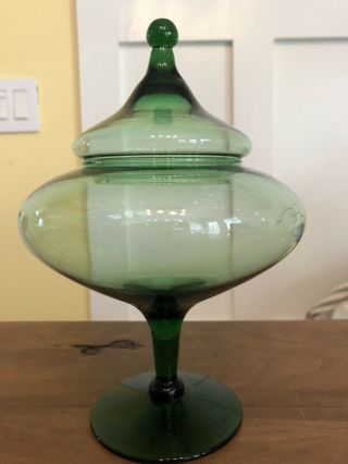 EMPOLI Mid Century Modern Green Glass Candy Apothecary Jar Circus Tent Lid Italy 2