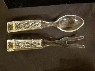 Vintage Heavy Glass Quilted Spoon And Fork Salad Serving Set Pair
