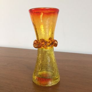 Vintage Blenko Amberina Crackle Glass Bud Vase Red Orange Yellow Handmade Usa