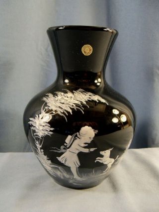 Westmoreland Black Glass Hand Painted Vase Mary Gregory Girl W Dog Design