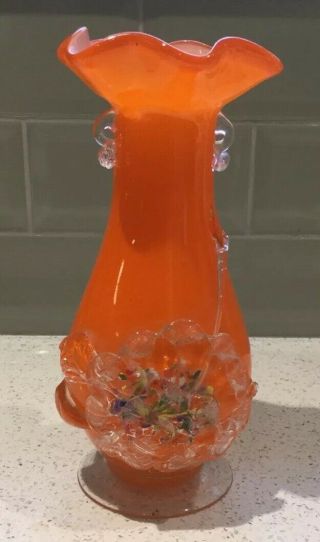 Chinese Plum Blossom Large 9.  5 " Orange Vase In The Style Of Murano Glass