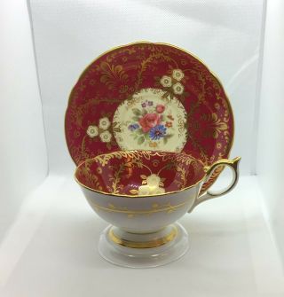 Vintage Aynsley Royalty Deco 7687 Burgandy Floral Tea Cup And Saucer