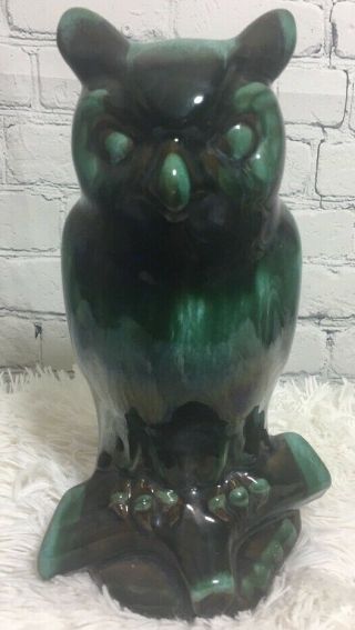 Vtg 10” Owl Blue Mountain Pottery Ceramic Figurine Sculpture Green Black Drip