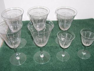 Set Of 5 Vintage Etched Glass Stemware 6 3/8 " Tall Goblets,  2 Shorter 4 1/2 "