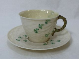 Vintage Irish Belleek Shamrock Cup & Saucer Set,  3 3/8 " Dia X 2 1/2 " High (cup)