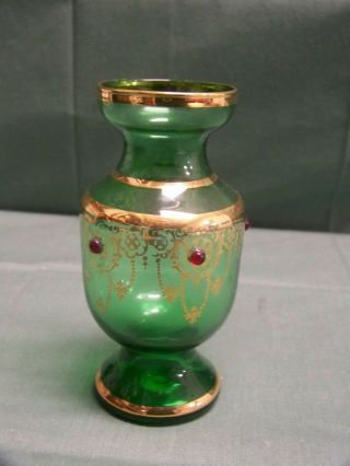 Vintage Murano Glass Green 5 " Tall Vase With Gold Design And Red Jewels/beads