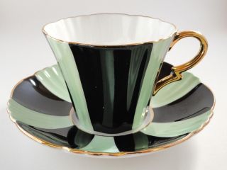 Art Deco Royal Standard Black And Green Striped Tea Cup Saucer Gold Handle