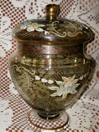 Czech Bohemian Pedestal•glass Candy Dish W/lid Painted Flowers Gold Gilted