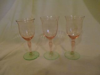 Set Of 3 Tiffin Glass Pink & Green Watermelon Optic Cordials/liquor Goblets