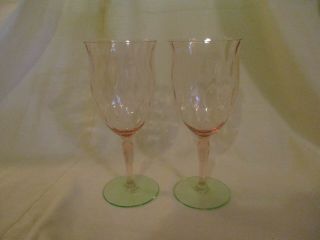Set Of 2 Tiffin Glass Pink & Green Watermelon Diamond Optic Water/wine Goblets