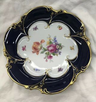 Vintage Echt Kobalt Cobalt Blue Floral Porcelain Plate Gold Trim Germany