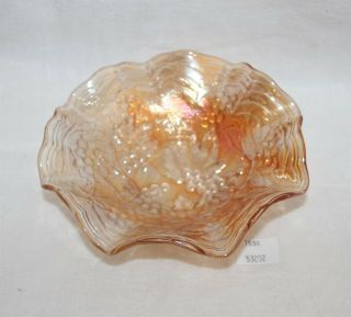 Thriftchi Marigold Carnival Glass Ruffled Edge Bowl Grape Leaf Design
