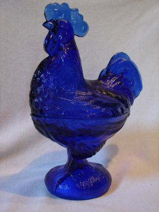 Awesome Vtg Clear Cobalt Glass Rooster Hen On Nest Covered Trinket /candy Dish