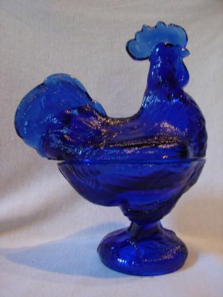 Awesome Vtg Clear Cobalt Glass ROOSTER Hen On Nest Covered Trinket /Candy Dish 2