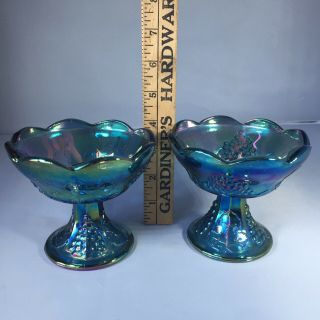VTG INDIANA BLUE CARNIVAL GLASS HARVEST GRAPE CANDLE STICK HOLDERS 2