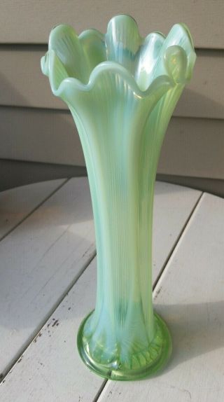 Vintage Fenton Art Glass Green Opalescent 4 Rib & Panel Stretch Swung Vase - 11.  5