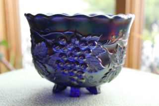 Blue Carnival Glass Harvest Grapes Footed Candy Dish Bowl 6 "
