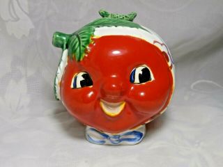 Vintage Ceramic Anthropomorphic Figural Tomato Sugar Bowl Jar & Lid Smiling Face