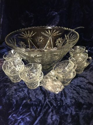Eapg Clear Glass Star Of David Design Punch Bowl Set - Bowl Cups Hooks Ladle