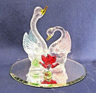 Swans On Water Hand Made Glass Figurine On Mirror Base