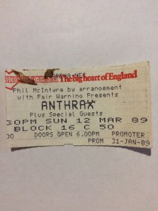 Anthrax Concert Ticket Stub Rare And Vintage 89