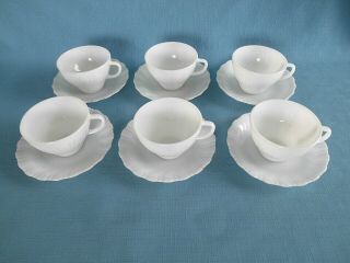 6 Corning Crown White Glass Cups & Saucers W/swirls Toughened Heat Resistant