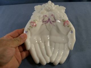 Westmoreland Milk Glass Hand Painted Roses & Bows Open Double Hands Trinket Dish