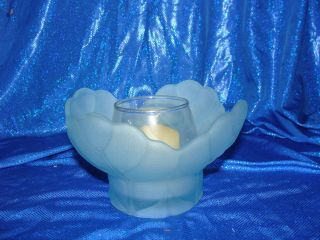 Vintage Hand Crafted Smith Frosted Blue Leaf Bowl Candle Holder / Sticker