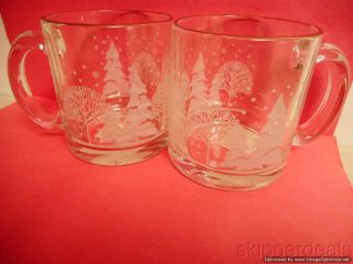 2 Libbey Christmas Winter White Frosted Pine Trees Gold Rim Cup Mug