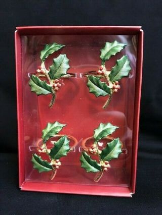 Lenox Christmas " Holly & Berries " Napkin Rings,  Set Of 4,  Nib