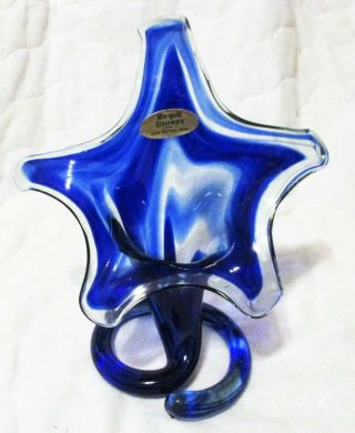 Vintage Cobalt Blue Clear Marigold Glass Vase Hand Blown Swirl Stretch
