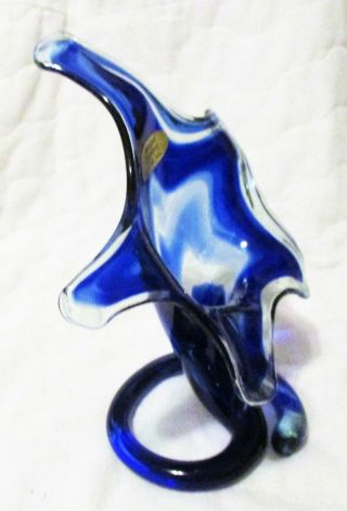 Vintage cobalt blue clear Marigold Glass vase hand blown swirl stretch 2