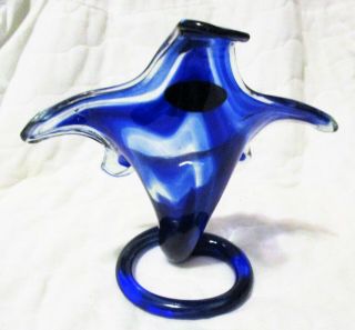 Vintage cobalt blue clear Marigold Glass vase hand blown swirl stretch 3