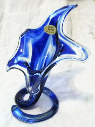 Vintage cobalt blue clear Marigold Glass vase hand blown swirl stretch 4