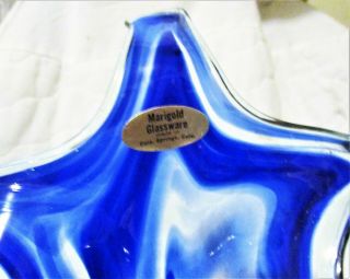 Vintage cobalt blue clear Marigold Glass vase hand blown swirl stretch 5