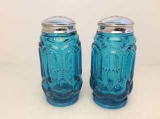 Vintage L.  E.  Smith Moon and Stars Blue Glass Salt & Pepper Shaker Set 3