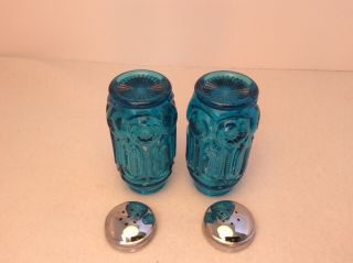 Vintage L.  E.  Smith Moon and Stars Blue Glass Salt & Pepper Shaker Set 5