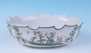 French Faience Chinoiserie Planter Man Dog Green Art Pottery Bowl