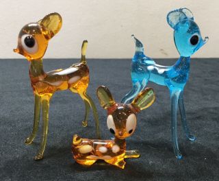 Vintage Collectable 1960s Murano Glass Animals X 3 Deer / Bambi Blue & Amber