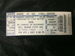 Muse 4/9/2007 Full Concert Ticket Stub Crease - Bill Graham Auditorium Sf