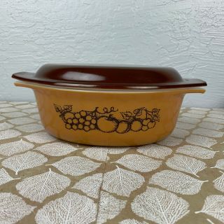 Vintage Pyrex Old Orchard 043 Oval Casserole With Lid Tan Brown Fruit Pattern