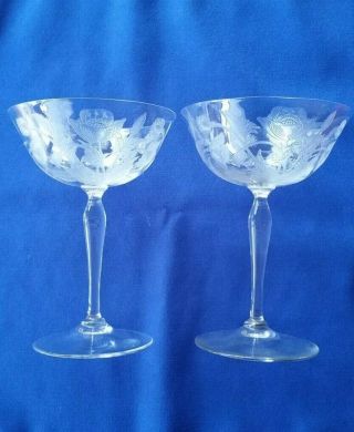 Set Of 2 Vintage Elegant Long Stemmed Crystal Etched Glasses Rose