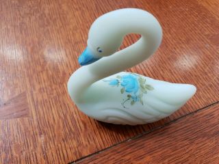 Vintage Fenton Glass Hand Painted Blue Satin Swan Blue Roses Signed V.  Gherke 2