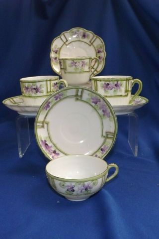 4 Vintage Nippon Green Moriage Cups & Saucers 3 Styles With Hand P.  Violets