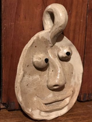 Primitive Folky Folk Art Seagrove NC Pottery Face Jug Flat Face with Hanger 3