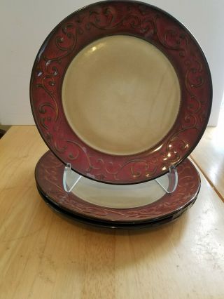 Set Of 4.  Pier 1 Imports Salad Plates Red Scroll 8 1/4 "